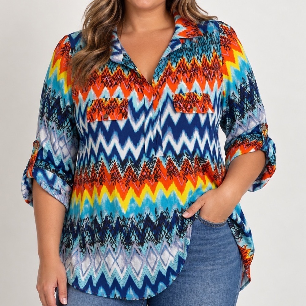 Cato 22/24W Plus Size Multicolor Aztec Ikat Tunic Blouse 100% Rayon Roll Tab